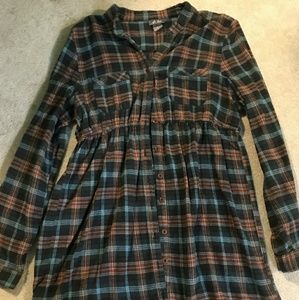 Brown and blue plaid long button down shirt